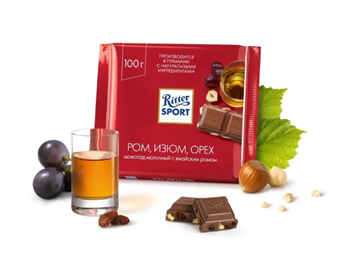 Риттер Спорт Молочный шоколад Ром Изюм Орех 6469